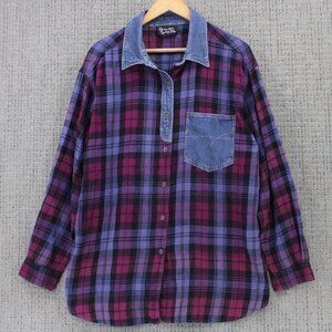 Vintage Lemon Grass Flannel Shirt Women Sz 12 Blue Plaid Button Down Long Sleeve
